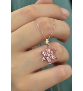 925 Ayar Gümüş Rose Kaplma Tepelikli Pembe Lotus Kolye