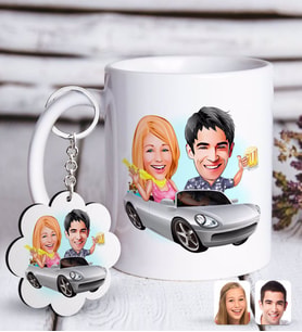 BK Gift Kişiye Özel Sevgililer Karikatürlü Beyaz Kupa ve Anahtarlık Hediye Seti-53 (Model 1)