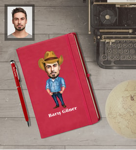 Kişiye Özel Erkek Karikatürlü  Kırmızı Defter Kalem Hediye Seti Model-5