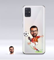 BK Gift Kişiye Özel Sarı Kırmızı Futbolcu Karikatürlü Samsung Galaxy A51 İnce Şeffaf Silikon Telefon Kapağı (Beyaz)