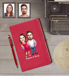 Kişiye Özel Sevgili Karikatürlü Kırmızı Defter Kalem Hediye Seti Model 14