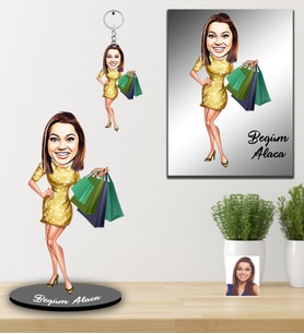 Kişiye Özel Bayan Karikatürlü 3 lü Hediye Seti Model-2