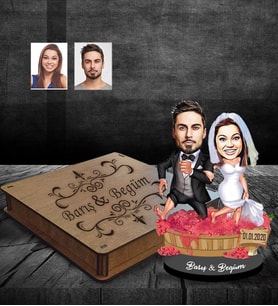 Kişiye Özel Gelin Damat Karikatürlü Ahşap Biblo Kutulu Mod-4