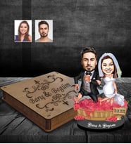 Kişiye Özel Gelin Damat Karikatürlü Ahşap Biblo Kutulu Mod-4