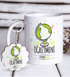 BK Gift Kişiye Özel En İyi Sınıf Öğretmeni Beyaz Kupa ve Anahtarlık Hediye Seti-3 (Model 1)