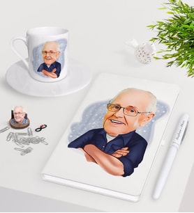 BK Gift Kişiye Özel Dede Karikatürlü Beyaz Defter Kalem Türk Kahvesi Fincanı Seti-1 (Model 1)