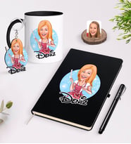 BK Gift Kişiye Özel Kadın Aşçı Karikatürlü Siyah Defter Kalem Kupa ve Anahtarlık Hediye Seti-1 (Model 1)