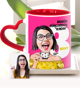 BK Gift Kişiye Özel Kadınlar Günü Temalı Karikatür Kırmızı Kalpli Kupa Bardak  3