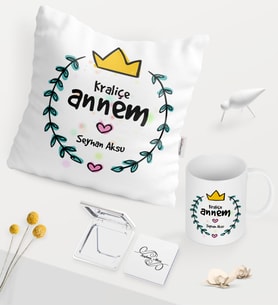 BK Gift Kişiye Özel Kraliçe Annem Beyaz Kupa Ayna Yastık Seti (Model 1)