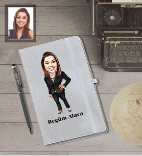 Kişiye Özel İş Kadını Karikatürlü Gri Defter Kalem Hediye Seti  Bayan-23