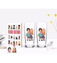 BK Gift Kişiye Özel Renkli Baskılı Sevgililer Karikatürlü İkili Rakı Bardağı ve Rakı Cep Kitabı Hediye Seti-80 (Model 1)