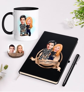 BK Gift Kişiye Özel Yılın En Mükemmel Çifti Karikatürlü Siyah Defter Kalem ve Kupa Seti-7 (Model 1)