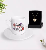 BK Gift Kişiye Özel Öğretmenler Gününüz Kutlu Olsun Türk Kahvesi Fincanı ve İsimli Papatya Kolye Hediye Seti-14 (Model 1)