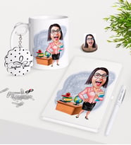 BK Gift Kişiye Özel Bayan Öğretmen Karikatürlü Kupa Anahtarlık Beyaz Defter Kalem Hediye Seti-5 (Model 1)
