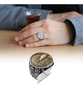 Oval Tasarım Özgürlük Kartalı Temalı 925 Ayar Gümüş Erkek Yüzük