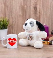 Sevgiliye Hediye İsim Yazılı Kalpli Beyaz Kupa Bardak ve Peluş Köpek