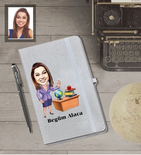 Kişiye Özel Öğretmen Karikatürlü Gri Defter Kalem Hediye Seti  Bayan-3