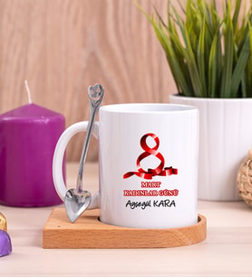 Kadınlar Günü Hediyesi  Ahşap Altlıklı Beyaz Kupa Bardak