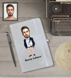 Kişiye Özel İş Adamı Karikatürlü Gri Defter Kalem Hediye Seti  Bay-25