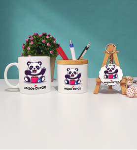 Sevimli Panda Tasarımlı Kişiye Özel Panda Kupa Bardak Kalemlik ve Anahtarlık Seti