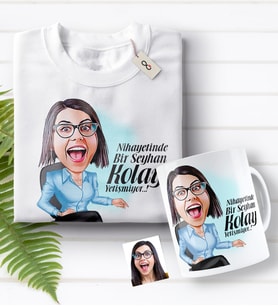 BK Gift Kişiye Özel Bayan Kolay Yetişmiyor Karikatürlü Beyaz Tişört ve Kupa Seti-2 (Model 1)