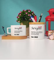 Sevgililer Günü Hediyesi Sevgili Tasarımlı Kişiye Özel Sevgililer Günü Hediyesi Ahşap Altlıklı Fincan ve Kalemlik Hediye Seti