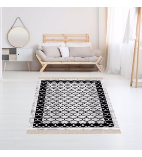 Geometrik Desenli Osmanlı Motif Dijital Baskı Yıkanabilir Kaymaz Taban Klasik Salon Halısı (Siyah-Gri)
