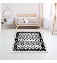 Geometrik Desenli Osmanlı Motif Dijital Baskı Yıkanabilir Kaymaz Taban Klasik Salon Halısı (Siyah-Gri)