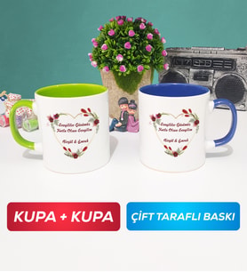 İkili Sevgiliye Sevgililer Günü Hediyesi 13 Kupa Bardak Yeşil Lacivert