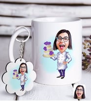 BK Gift Kişiye Özel Bayan Chef Karikatürlü Beyaz Kupa ve Anahtarlık Hediye Seti-2 (Model 1)