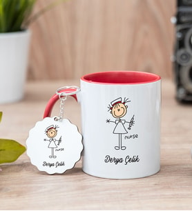 Hemşire Karikatürü Kırmızı Kupa Bardak Ve Anahtarlık Set