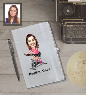 Kişiye Özel Sporcu Karikatürlü Gri Defter Kalem Hediye Seti  Bayan-6