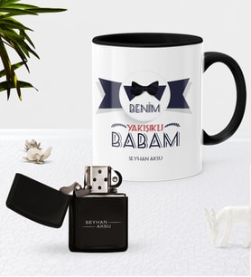 BK Gift Kişiye Özel Benim Yakışıklı Babam Siyah Kupa Bardak Benzinli Metal Çakmak Seti (Model 1)