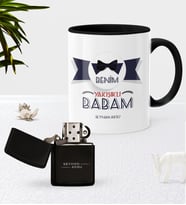 BK Gift Kişiye Özel Benim Yakışıklı Babam Siyah Kupa Bardak Benzinli Metal Çakmak Seti (Model 1)