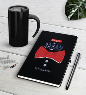 BK Gift Kişiye Özel Yakışıklı Babam Siyah Defter Kalem Termos Mug Seti-6 (Model 1)