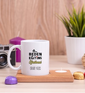 Beden Eğitimi Öğretmeni Ahşap Altlıklı Mumlu Beyaz Kupa Bardak