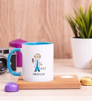 Erkek Diş Hekimi Karikatürü Ahşap Altlıklı Mumlu Mavi Kupa Bardak