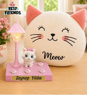 Kişiye Özel İsimli Sevimli Kedi Biblolu Masa Lambası & Kedi Polar Yastık
