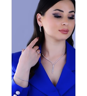 BARIŞ TAKI 925 Ayar Gümüş 2 Sıra Salkım Su Yolu Bayan Düğün, Özel Gün Seti Kolye,Bileklik,Küpe,Yüzük