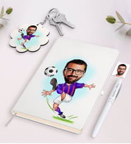 BK Gift Kişiye Özel Bordo Mavi Futbolcu Karikatürlü Beyaz Defter Kalem ve Anahtarlık Hediye Seti (Model 1)