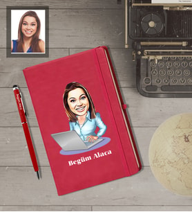 Kişiye Özel İş Kadını Karikatürlü  Kırmızı Defter Kalem Hediye Seti Bayan-7