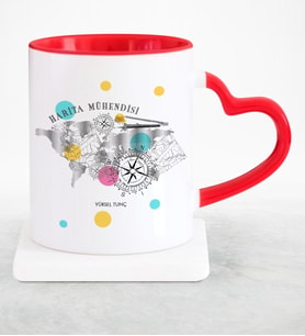 BK Gift Kişiye Özel Mesleki Harita Mühendisi Kırmızı Kalpli Kupa Bardak  2
