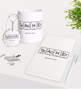BK Gift Kişiye Özel Öğretmen Kupa Anahtarlık Beyaz Defter Kalem Hediye Seti-3 (Model 1)