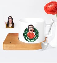 BK Gift Kişiye Özel Kahve Logolu Karikatür Ahşap Altlıklı Seramik Fincan  2