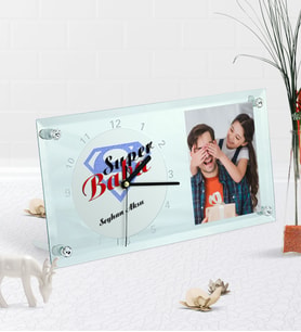 BK Gift Kişiye Özel Fotoğraflı Süper Baba Masaüstü Cam Saat-5 (Beyaz)
