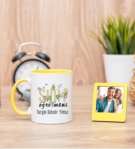 Sınıf Öğretmeni Sarı Kupa Bardak ve Sarı Mini Fotoğraf Çerçevesi
