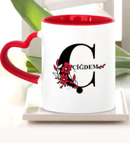 BK Gift Kişiye Özel Ç Harfi Kırmızı Kalpli Kupa Bardak Model 1