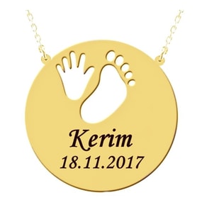 Bebek El Ayak İzi İsim ve Tarih Yazılı Gümüş Kolye (Sarı)