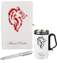 Kızıl Kurt Desenli Kişiye Özel Hediye Defter Kalem Ve Termos - Mug Seti