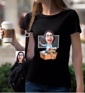 BK Gift Kişiye Özel Bayan Öğretmen Karikatürlü Siyah T-Shirt-2